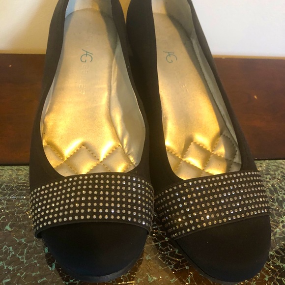 Black Microsuede Booties/ Black Rhinestone Wedges - Picture 2 of 4